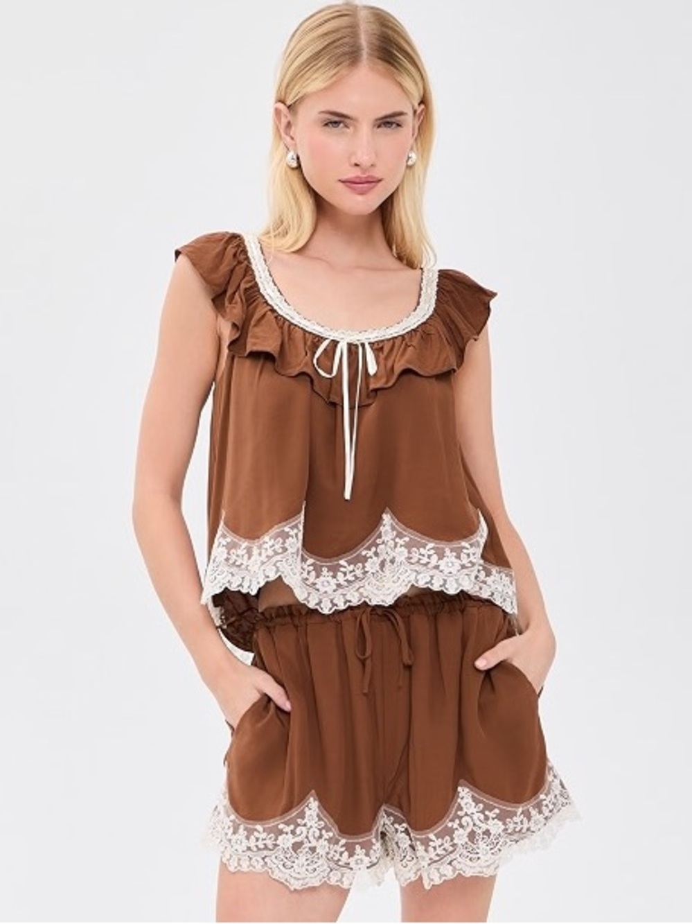WAYF Lace Trim Ruffle Collar Top Flowy Frilly Bow Rayon Sleeveless Camisole